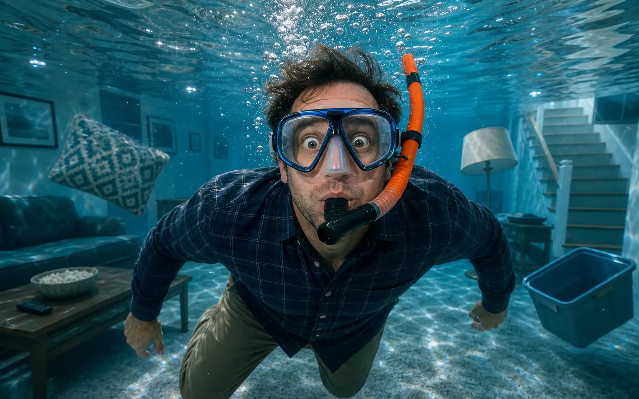 Humorous scene of a wide-eyed snorkeler underwater in a flooded basement