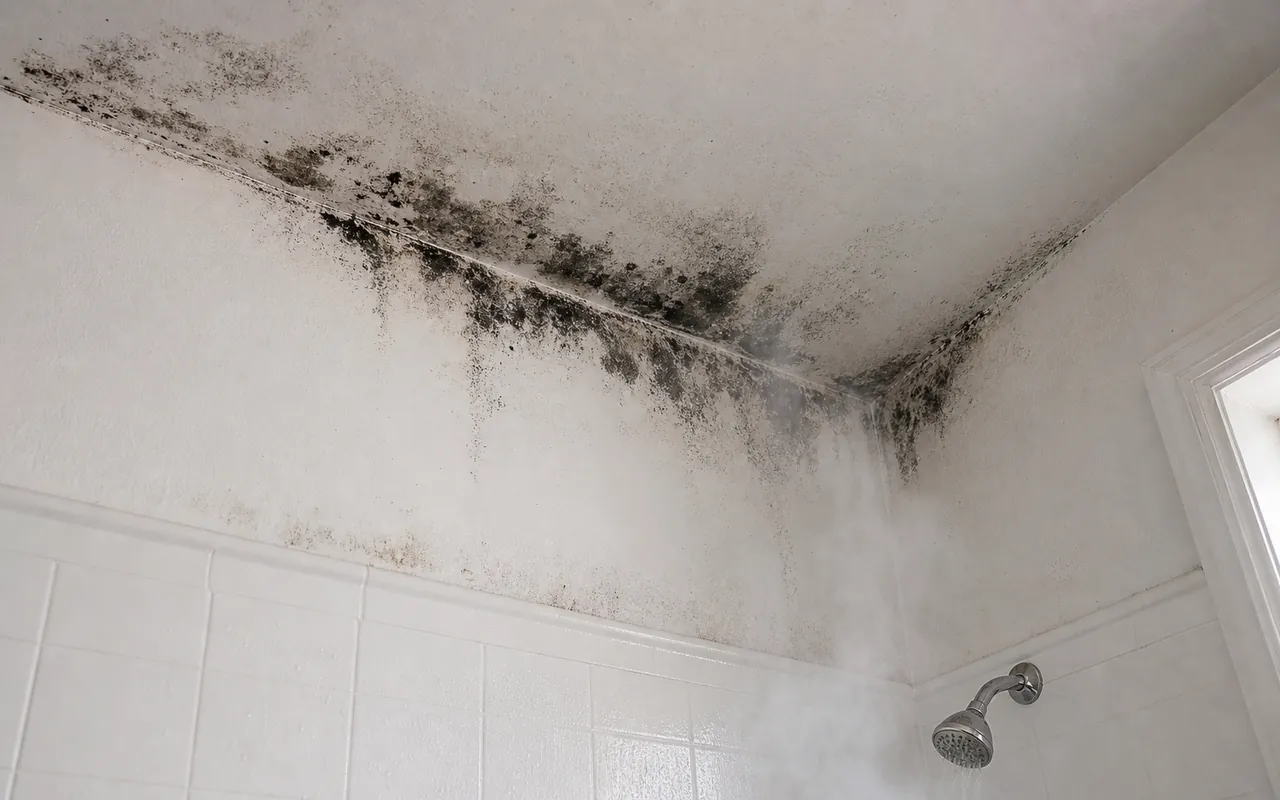 Black mold along the ceiling and upper wall above a steaming shower