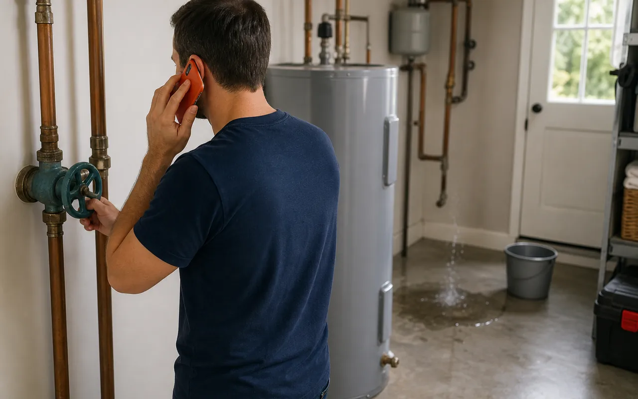 Homeowner shutting off water while calling for cleanup help