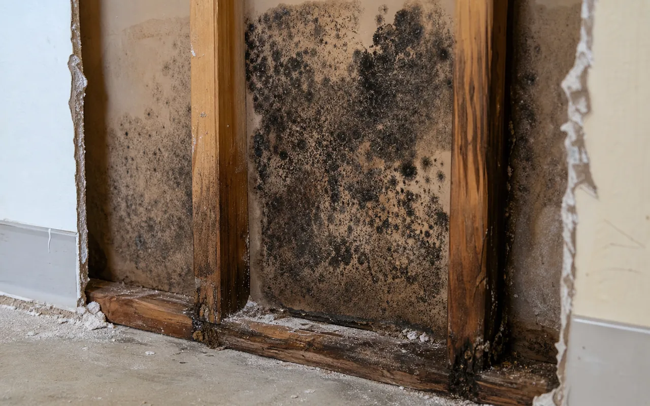 Black mold revealed behind opened drywall after water damage