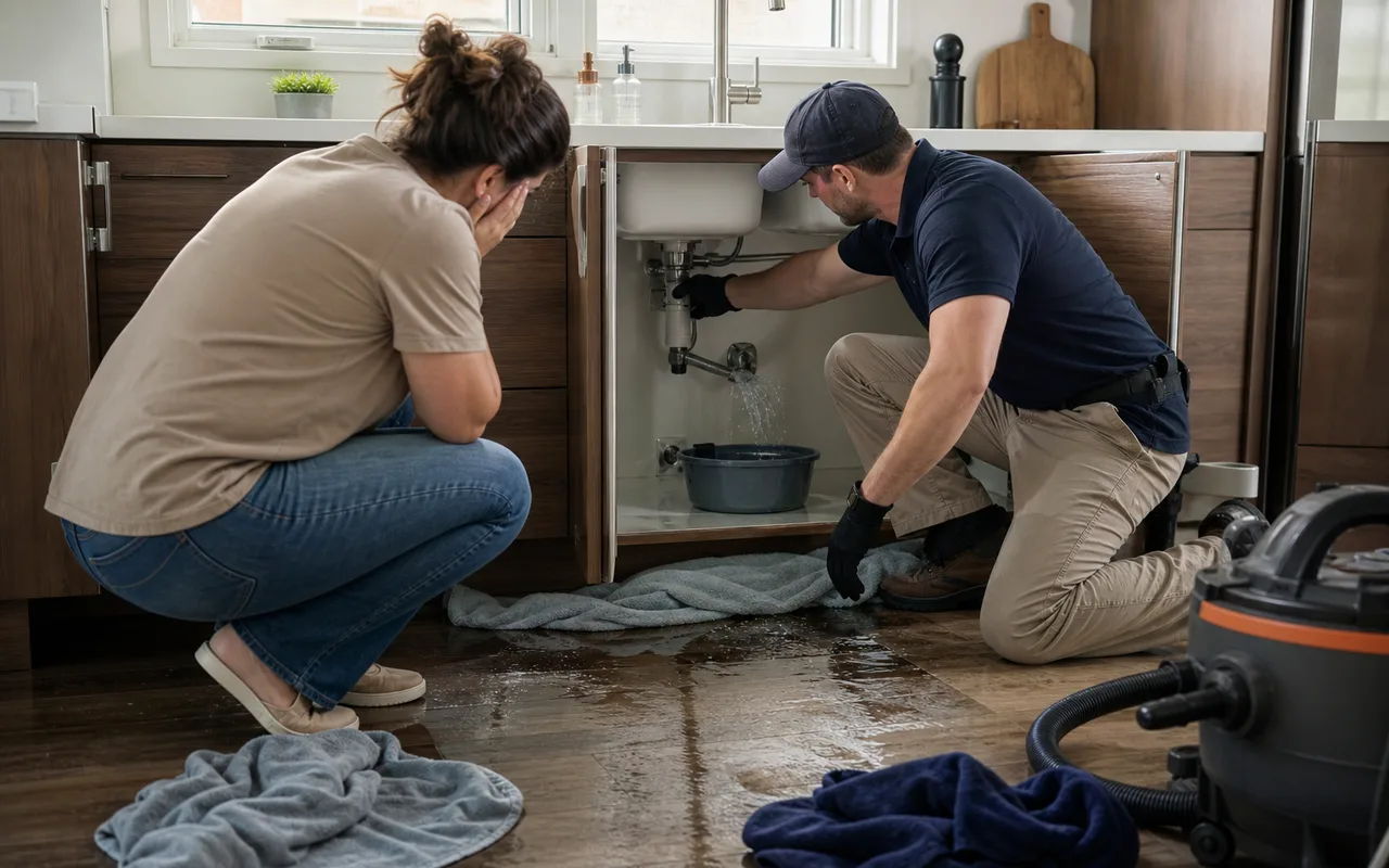 Homeowner and technician stopping water from a burst pipe beneath a kitchen sink