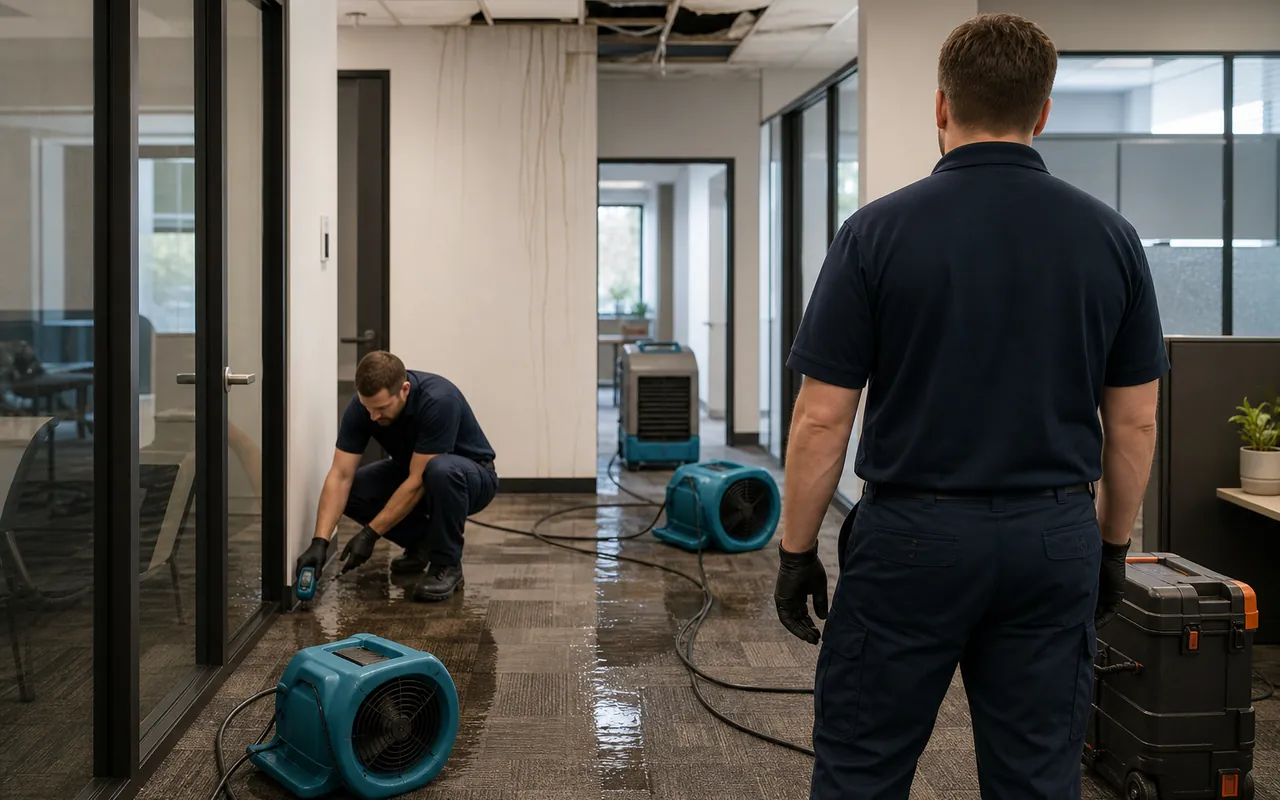 Commercial water mitigation equipment inside a wet office