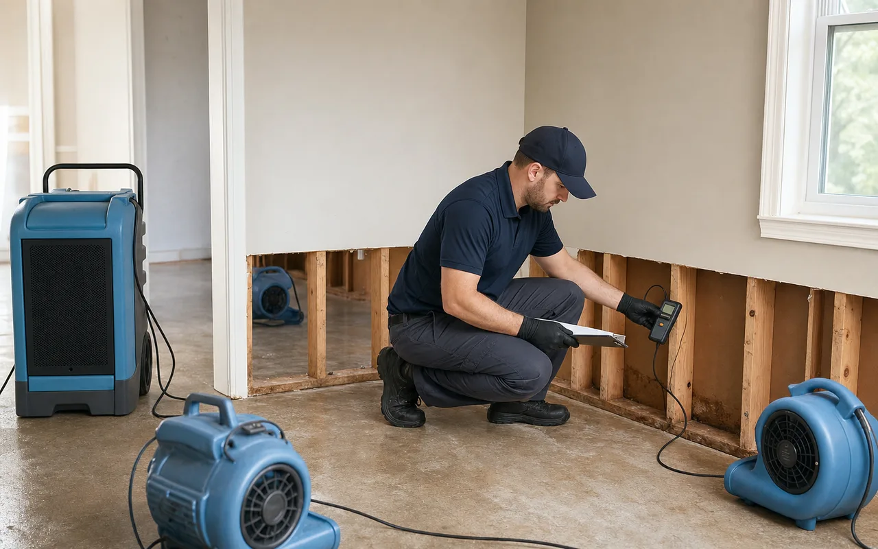 Technician documenting structural drying progress with a moisture meter