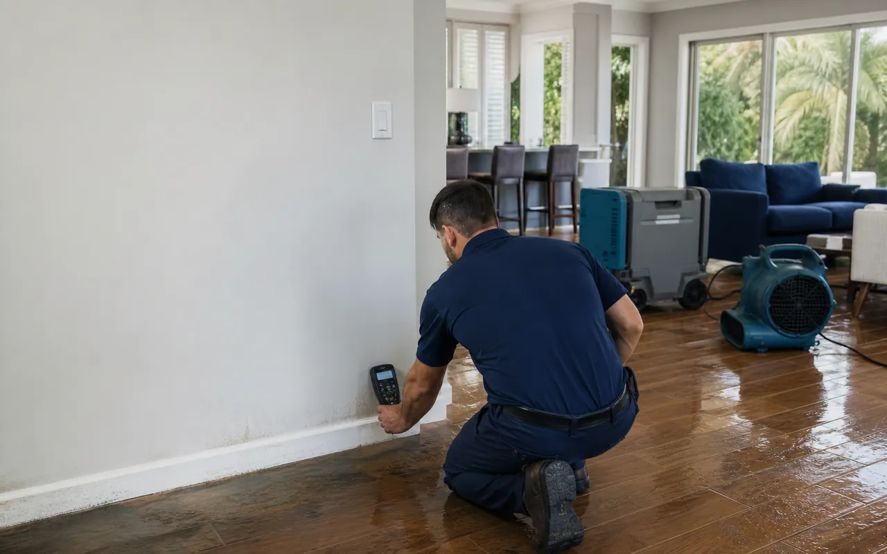 Water damage technician checking moisture levels inside a home