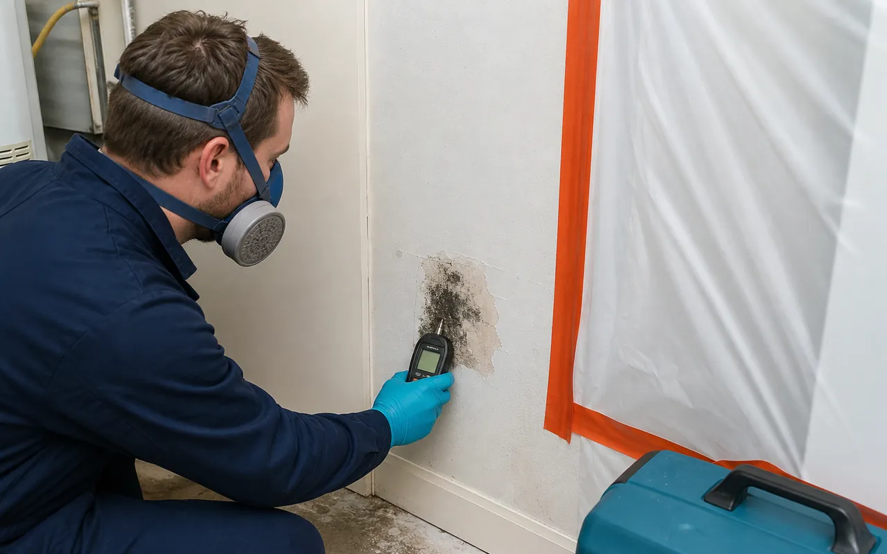 Mold remediation technician inspecting a contained work area