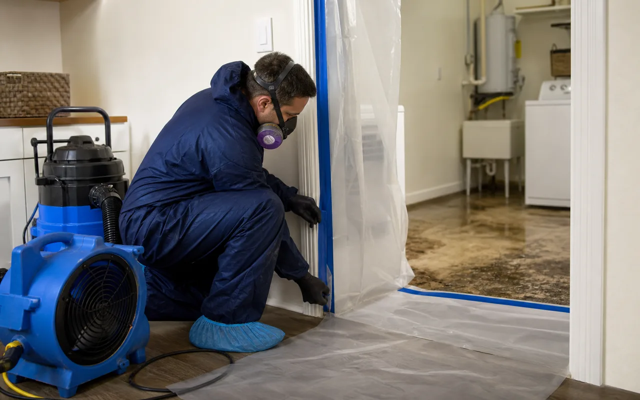 Technician preparing protective containment for a septic backup cleanup