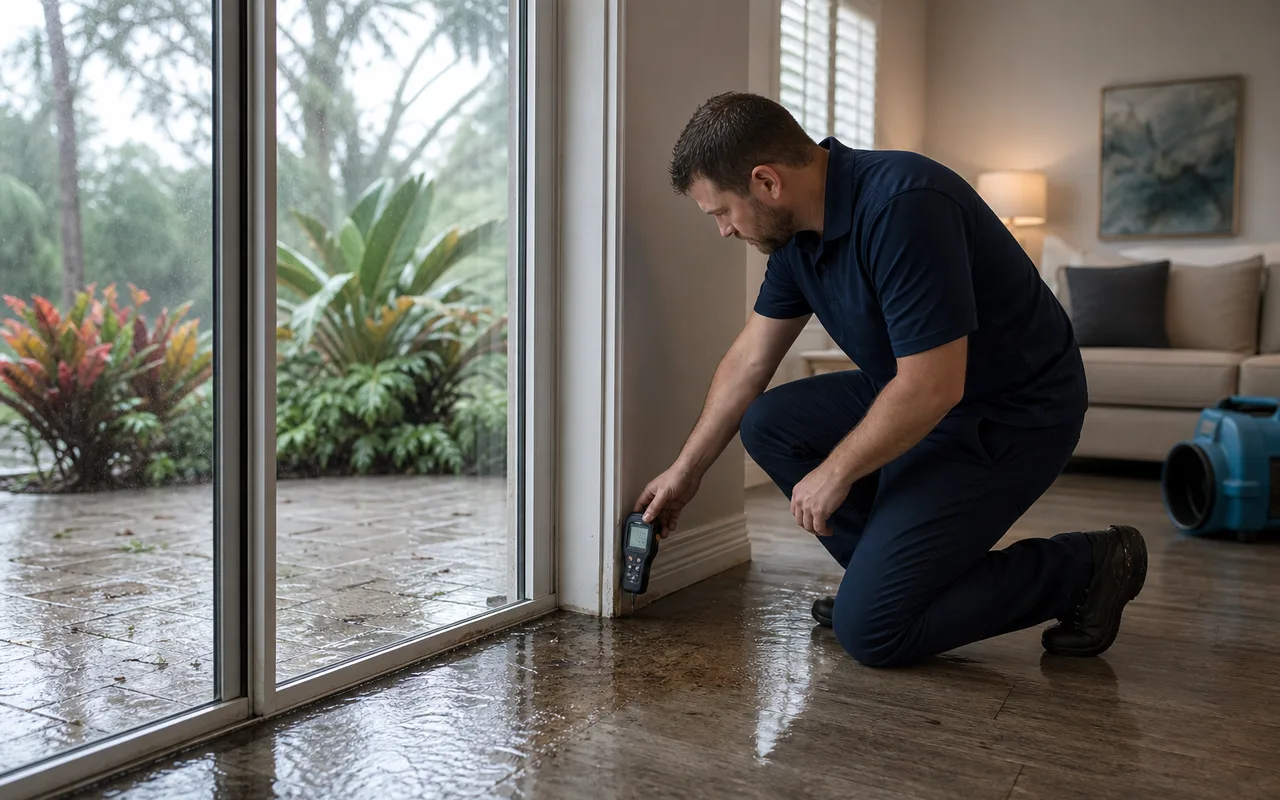 Restoration technician checking storm water intrusion near a rain-damaged patio door