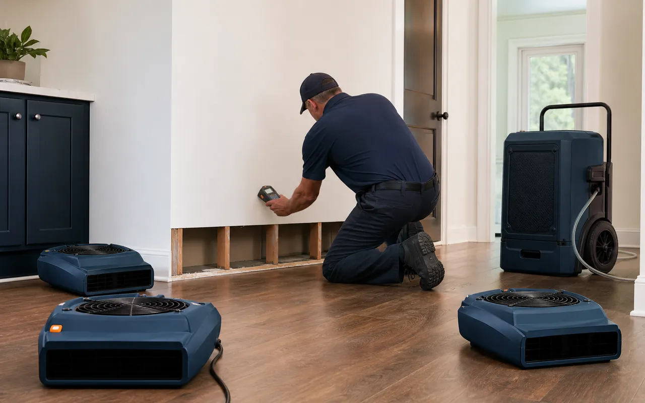 Structural drying equipment operating inside a water-damaged home