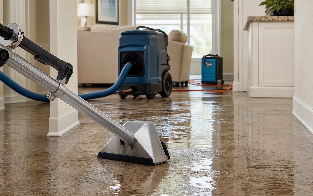 Professional water extraction equipment removing water from a flooded room